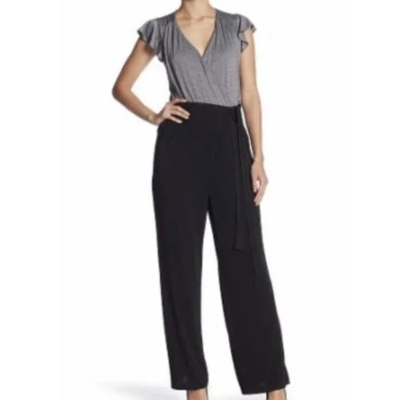 ECI Metallic Pants Bodysuit Womens M Medium Black Silver Flutter Sleeves Pockets - Picture 1 of 13